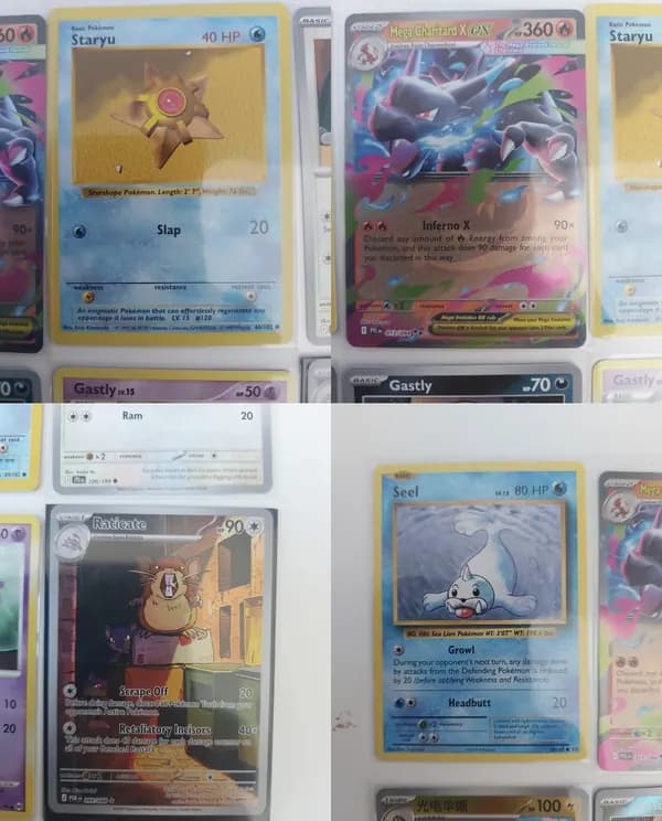 Shadowless Staryu, Charizard, fullart Raticate, vintage Seel, Pokeball
